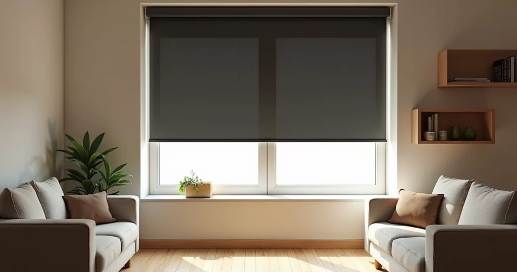Modelo 3D de persiana de rolo blackout instalada em janela de sala moderna com luz natural controlada e ambiente aconchegante
