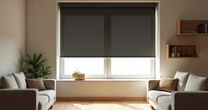 Modelo 3D de persiana de rolo blackout instalada em janela de sala moderna com luz natural controlada e ambiente aconchegante