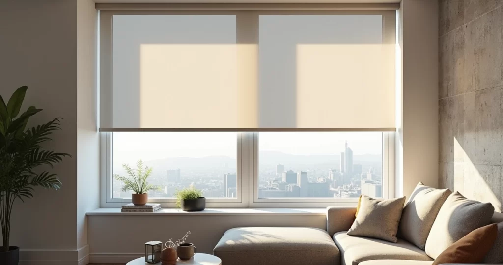 Modelo 3D de uma persiana de rolo instalada em janela de sala com decoração moderna e iluminação natural