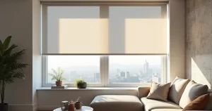 Modelo 3D de uma persiana de rolo instalada em janela de sala com decoração moderna e iluminação natural