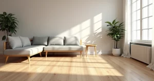 Sala moderna com piso laminado marrom claro, móveis minimalistas e iluminação natural abundante