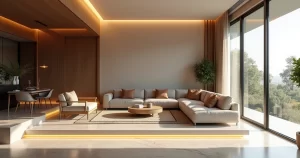 Ambiente sofisticado com piso laminado claro em sala de estar moderna com iluminação natural e móveis contemporâneos