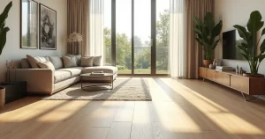 Sala de estar moderna com piso vinílico madeira clara, iluminação natural e decoração sofisticada