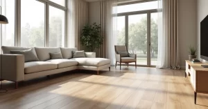 Modelo 3D de sala moderna com piso porcelanato madeira em tom claro, móveis minimalistas e iluminação natural