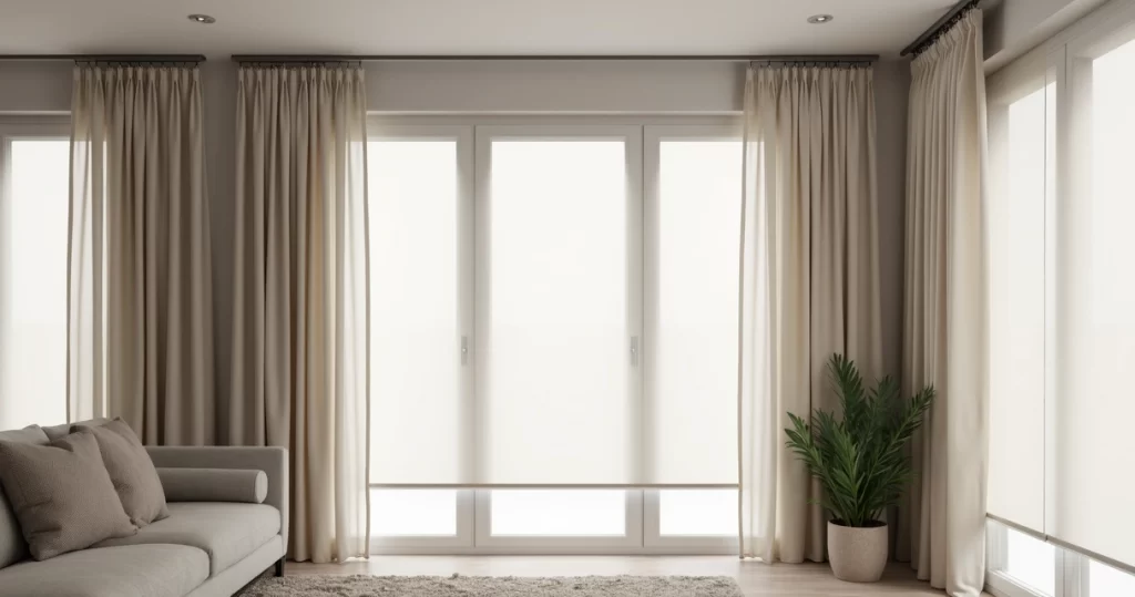 Sala moderna com cortinas claras e persianas automatizadas em janelas grandes