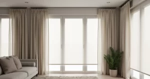 Sala moderna com cortinas claras e persianas automatizadas em janelas grandes