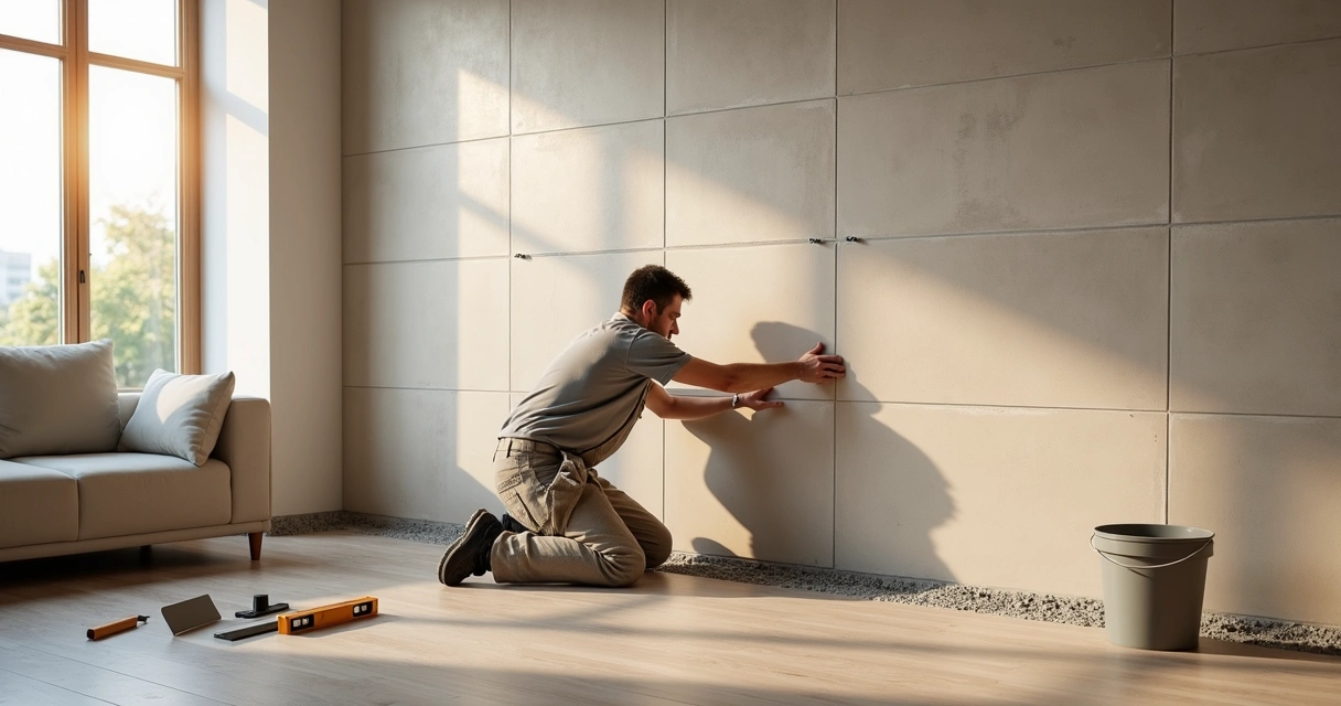 Profissional assentando revestimento em parede de sala moderna com espaçadores e nível