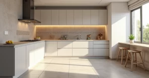 Cozinha planejada com revestimento de parede e piso combinando em tons claros