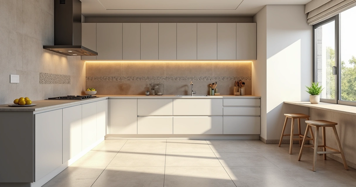 Cozinha planejada com revestimento de parede e piso combinando em tons claros