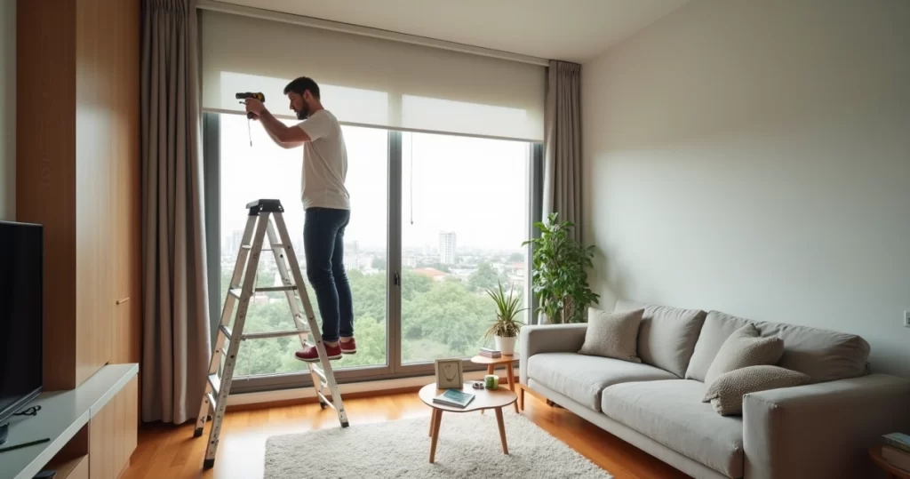 Instalador fixando persiana rolo branca na sala de estar moderna