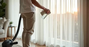 Pessoa limpando persiana vertical clara em sala de estar iluminada