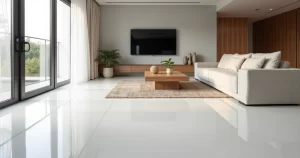 Sala moderna com piso de porcelanato líquido branco brilhante e móveis contemporâneos