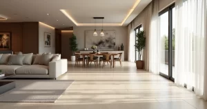 Sala moderna integrada com piso de porcelanato retificado em tons claros