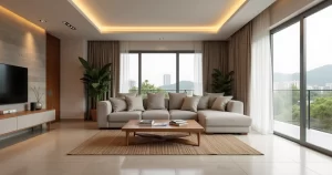 Sala de estar moderna com grande janela e materiais de acabamento variados sobre a mesa de centro