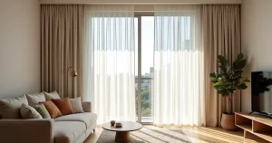 Sala de estar moderna com cortina blackout com voil em janela ampla