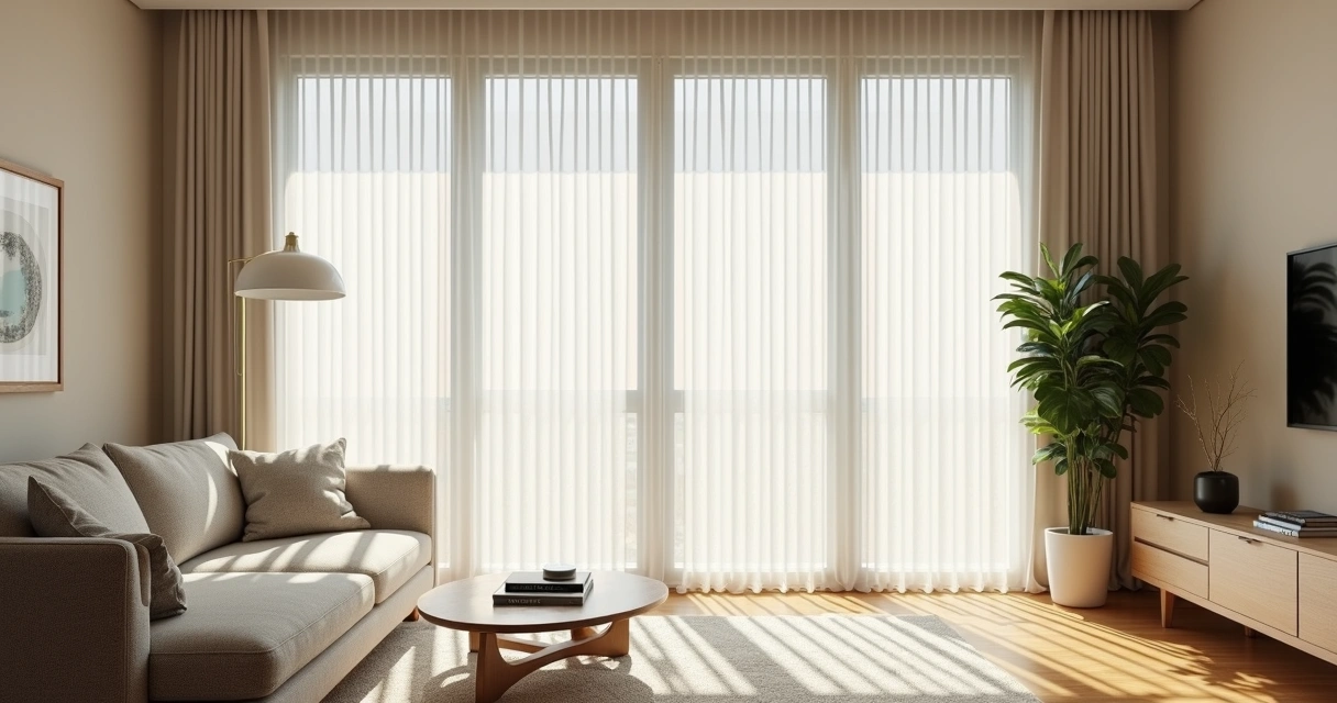 Sala de estar moderna com persiana vertical branca filtrando a luz natural