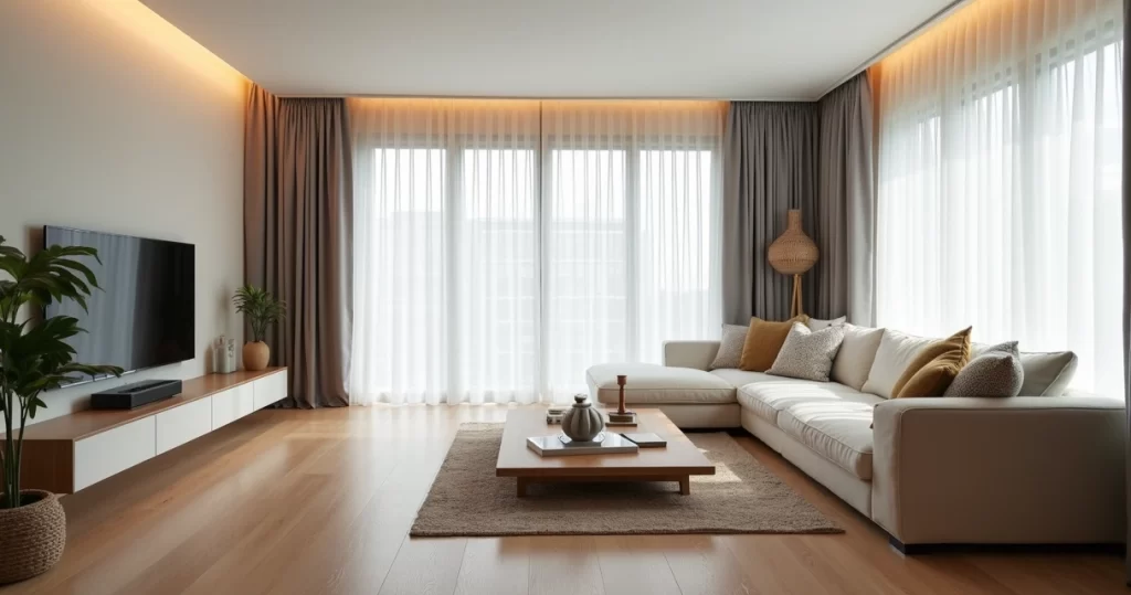 Sala de estar moderna com cortina voil branca do teto ao chão