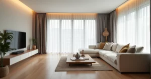 Sala de estar moderna com cortina voil branca do teto ao chão