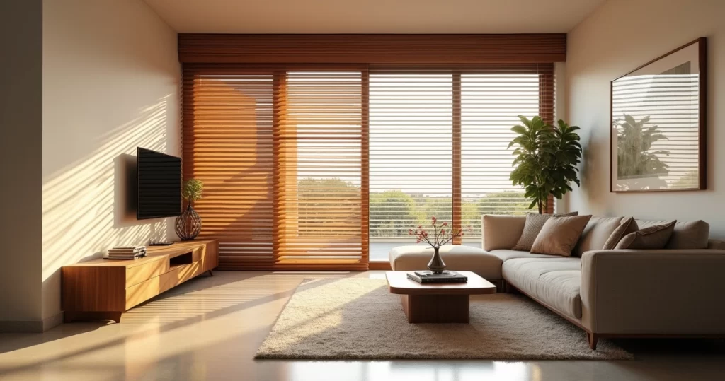Sala de estar moderna com persiana horizontal de madeira controlando a luz natural