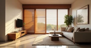 Sala de estar moderna com persiana horizontal de madeira controlando a luz natural
