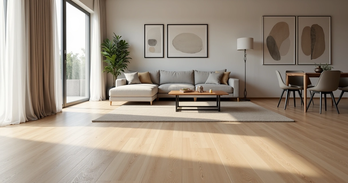 Sala de estar moderna com piso laminado click em padrão amadeirado claro