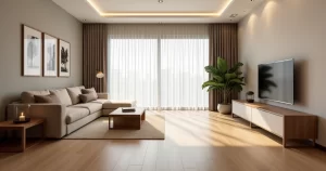 Sala de estar moderna com piso de madeira laminado claro e decoração aconchegante
