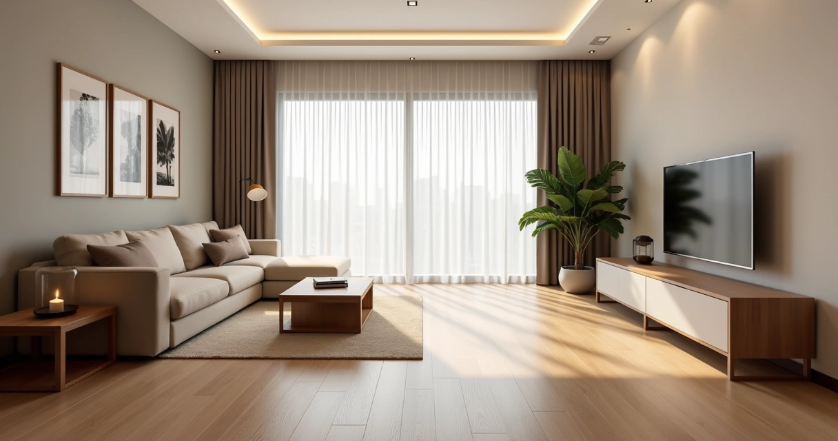 Sala de estar moderna com piso de madeira laminado claro e decoração aconchegante